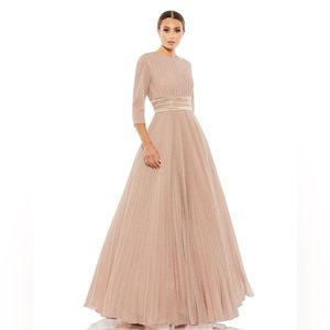 Mac Duggal Shimmering Pleated A-Line‎ 3/4 Sleeve Rose Gold Ballgown NWT